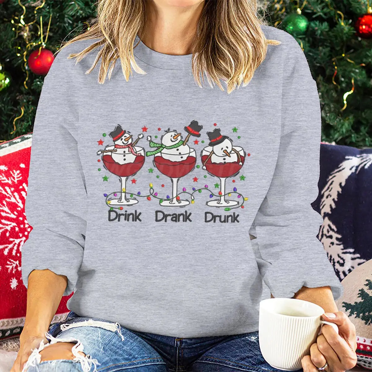 Women Wine Glass Christmas Sweatshirt Jumper Xmas Gifts Cartoon Top Long Sleeves Funny Cute Snowman Harajuku Fashion Sweater