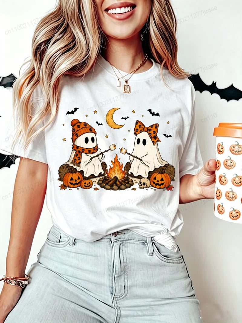 Women Halloween-Cute-Ghost-Camping-Fall Graphic T Shirt Casual Short Sleeve Tee Top Holiday T-shirt Women Fashion Daily Outfits