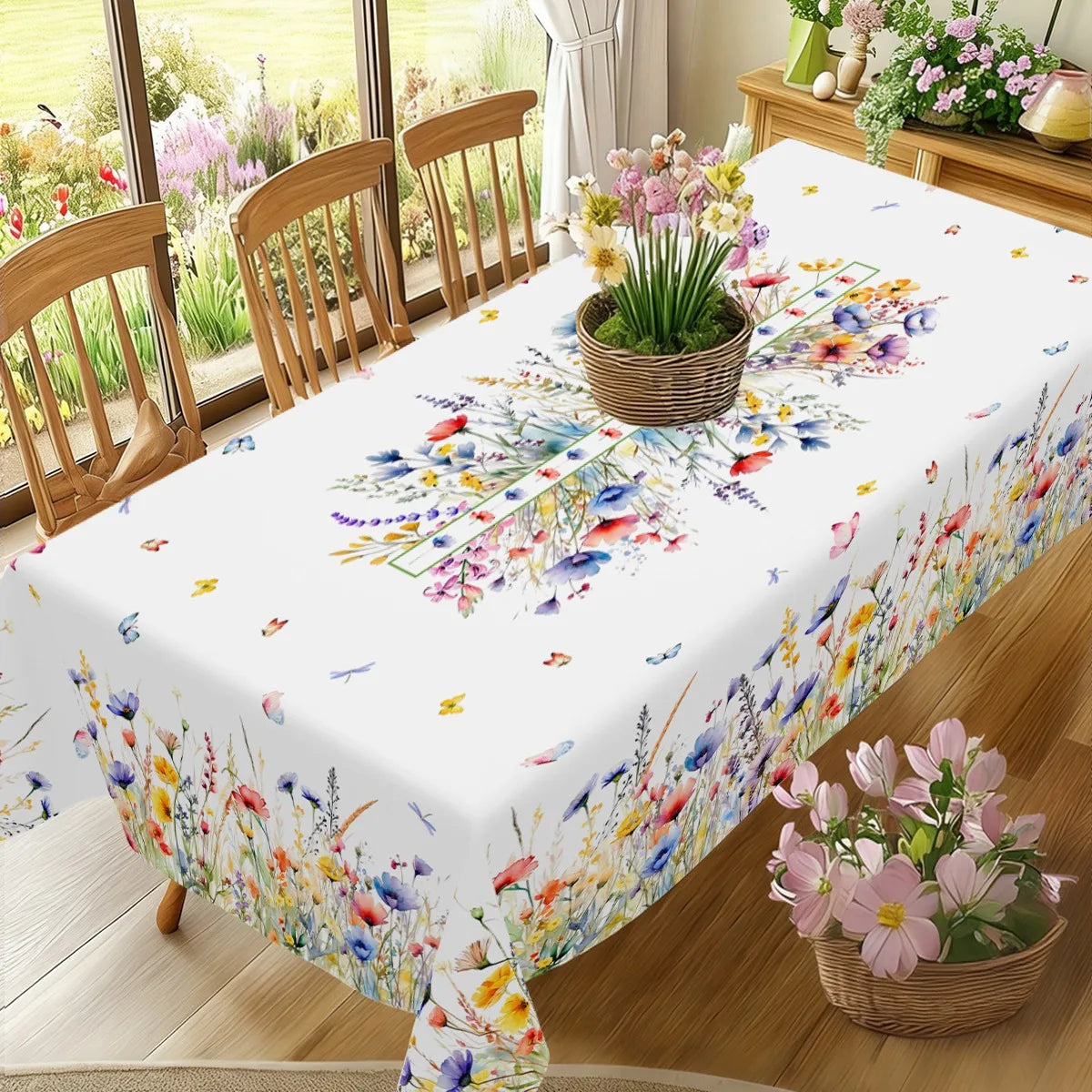 Spring Wildflower Tablecloth Floral Round Table Cover Polyester Table Decor for Easter Birthday Wedding Party Supplies