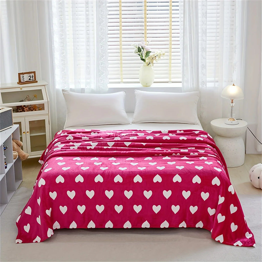 1pc Pink Heart Valentine's Day Flannel Throw Blanket 2D Soft Warm for Bedroom Living Room & Camping All Season