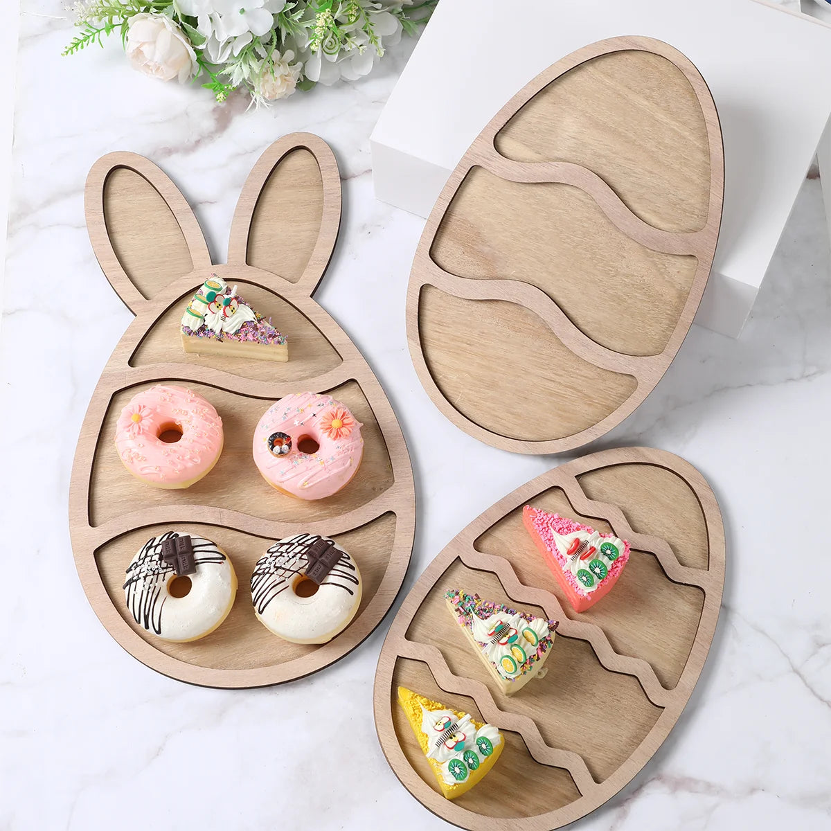 Easter Bunny Egg Wooden Tray Food Plate Fruit Serving Bread Display Wooden Spring Decor  Cake Decor Easter Supplies