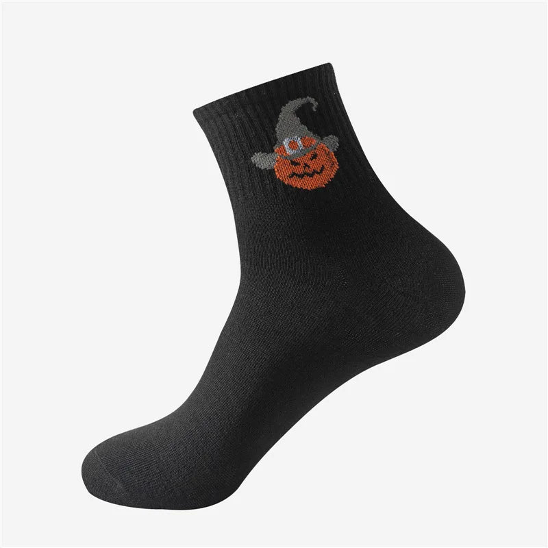 5-Pair Halloween Novelty Socks for Men: Spooky Designs, Breathable Cotton, Mid-Calf, Party Favors