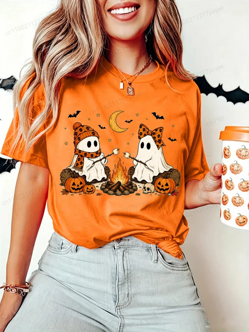 Women Halloween-Cute-Ghost-Camping-Fall Graphic T Shirt Casual Short Sleeve Tee Top Holiday T-shirt Women Fashion Daily Outfits