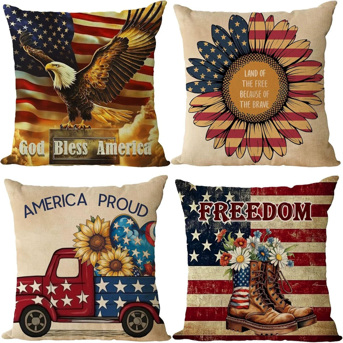 4th of July Pillow Covers 18x18 Set of 4 God Bless America Stars Flower Independence Day Decor Memorial Day Throw Cushion Case