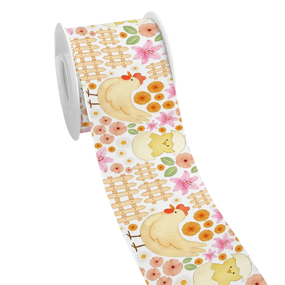 Spring Rabbit Easter Day Chick Cartoon Printed Grosgrain Satin Ribbon for Gift Wrapping Hair Bow Craft Accessory