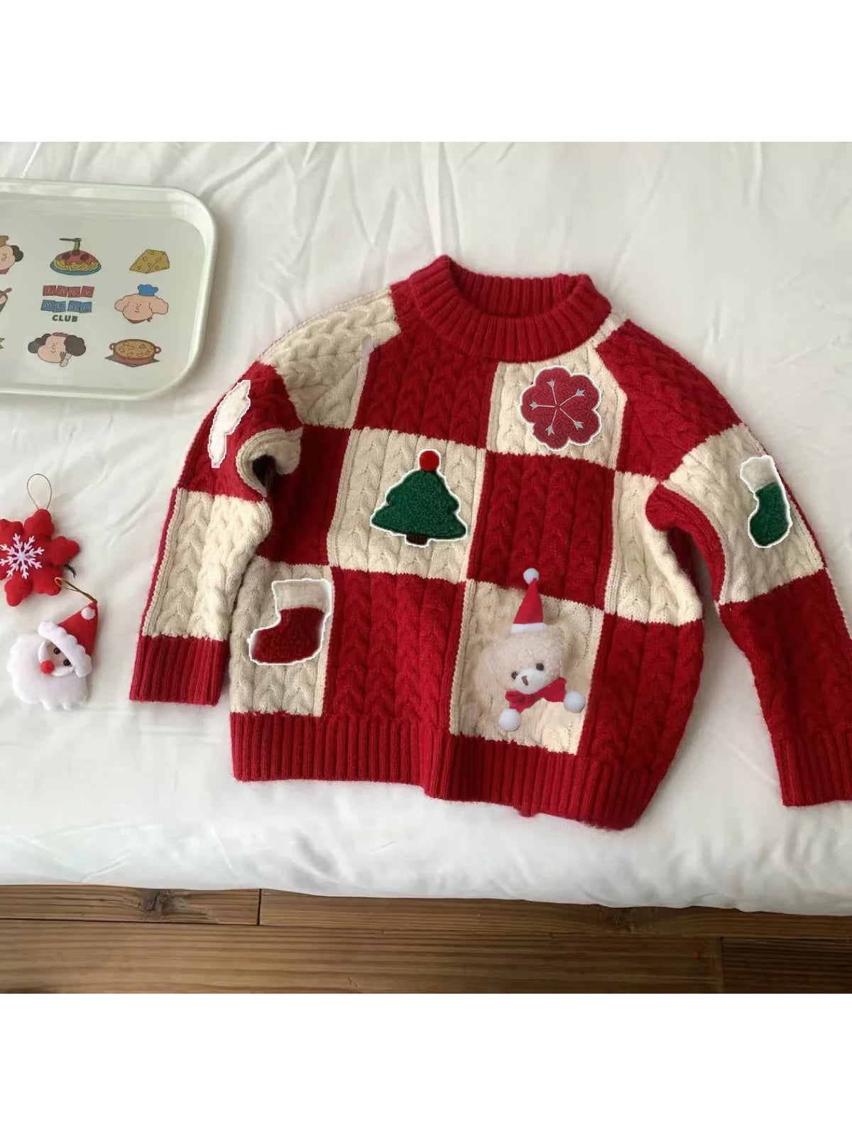 Children's Red Sweater for Christmas and New Year, Cartoon 3D Knit Pullover for Boys and Girls