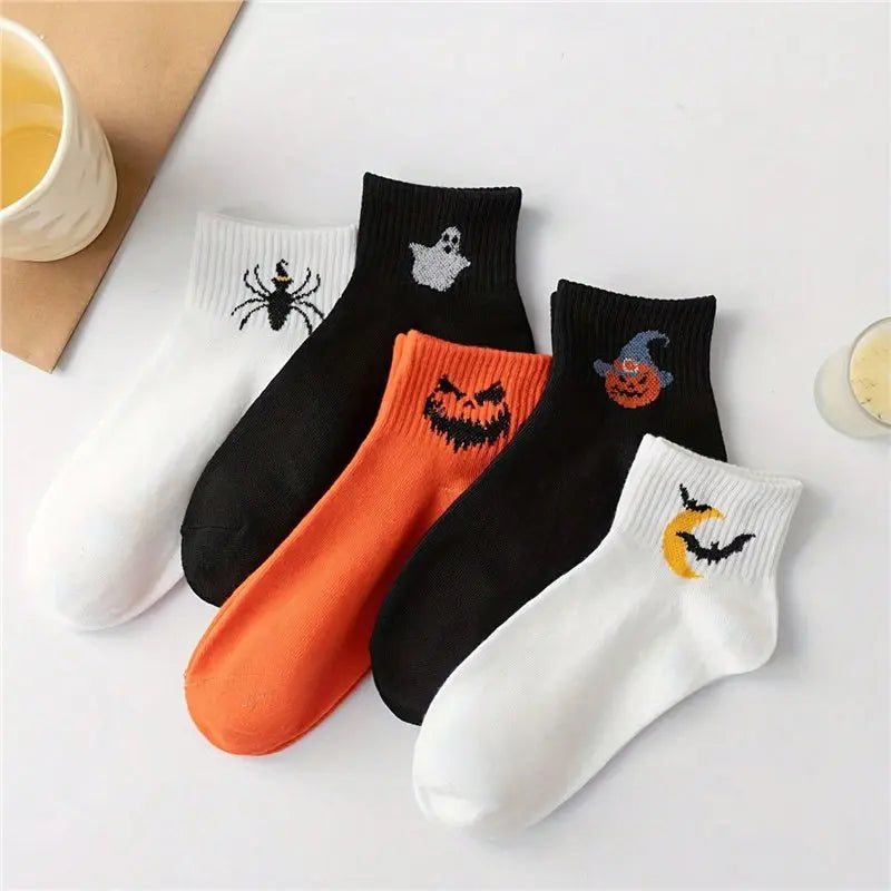 5-Pair Halloween Novelty Socks for Men: Spooky Designs, Breathable Cotton, Mid-Calf, Party Favors
