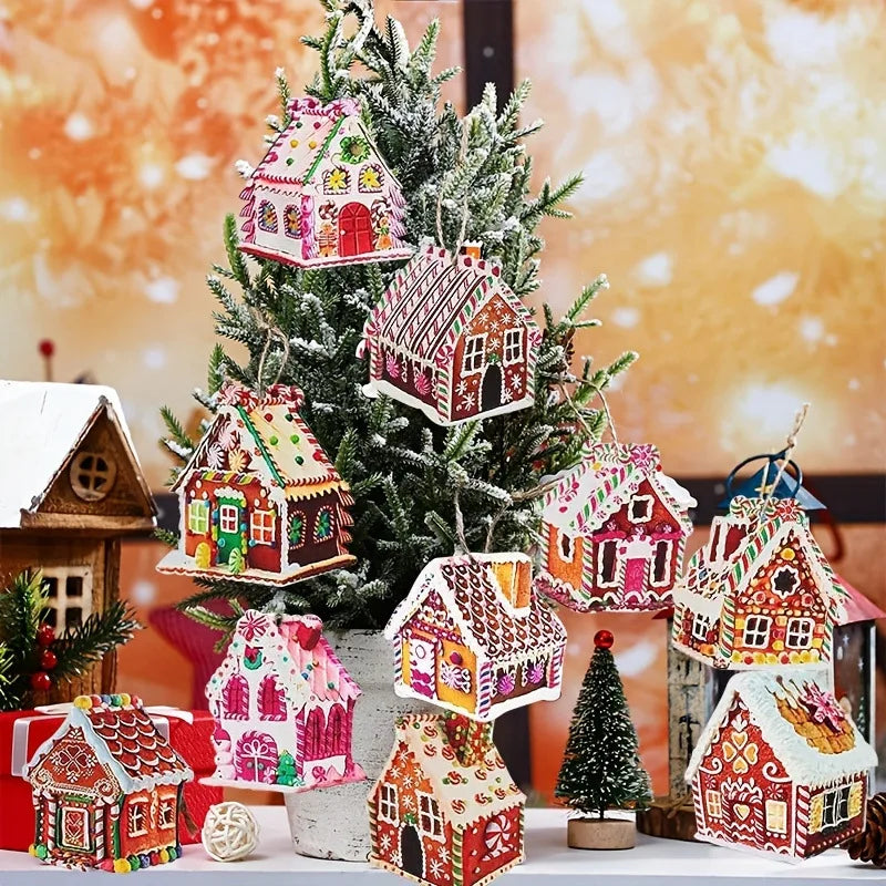 Christmas House Ornament Wooden Decorations Christmas Tree Hanging Ornaments Xmas Painted Wood Pendants for Holiday Decor