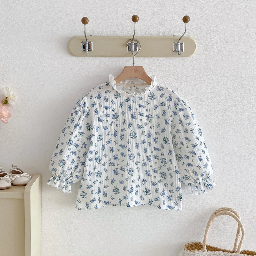 Spring Baby Girls T shirt Little Girls Linen Cotton Long Sleeve Floral Blouses Tees Infant Ruffles Tops Toddler Girl Clothing