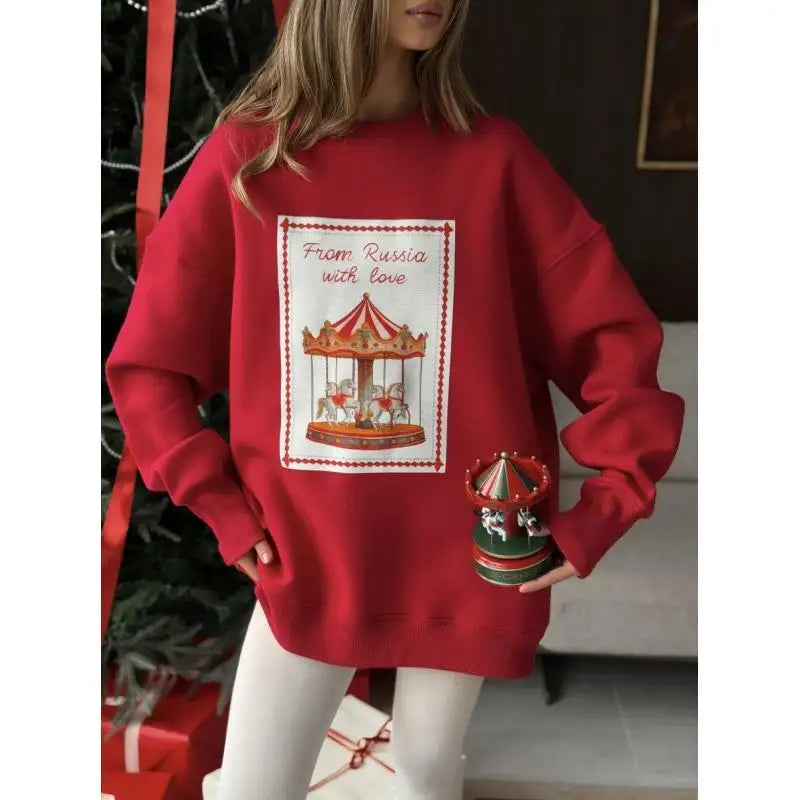 Christmas Sweet Women Oversized Red Crewneck Sweatshirt "From Russia with Love" Carousel Print Retro Festive Holiday Pullover