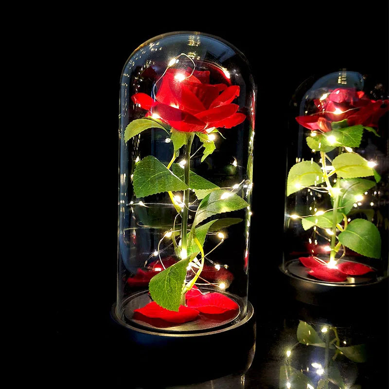 1pc LED Rose in Dome Decorative Lamp Valentine's Day Gifts for Her, Room Decor Artificial Flower with Warm Glow, Red Rose & Gree