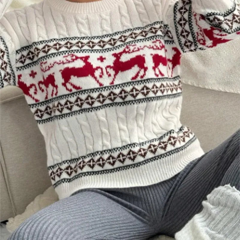 Women Fashion Christmas Reindeer Cable Knit Sweater Winter O-neck Long Sleeve Retro Pullover Casual Holiday Jumper Top
