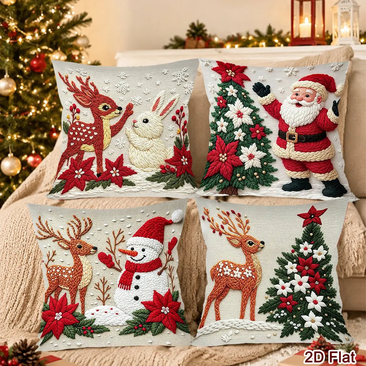 4pcs Merry Christmas 2D Flat Pillowcase Santa Claus Printed Polyester Pillow Cover Family Living Room Sofa Xmas Party Decor