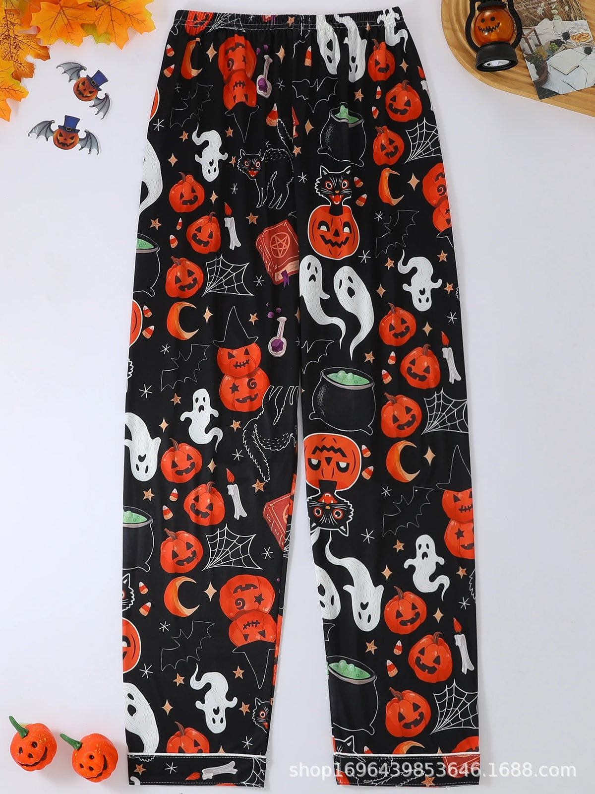Halloween Women 2Pcs Pajama Set V Collar Long Sleeve Shirt Long Trousers Ghost Skull Moon Print Casual Home Sleepwear