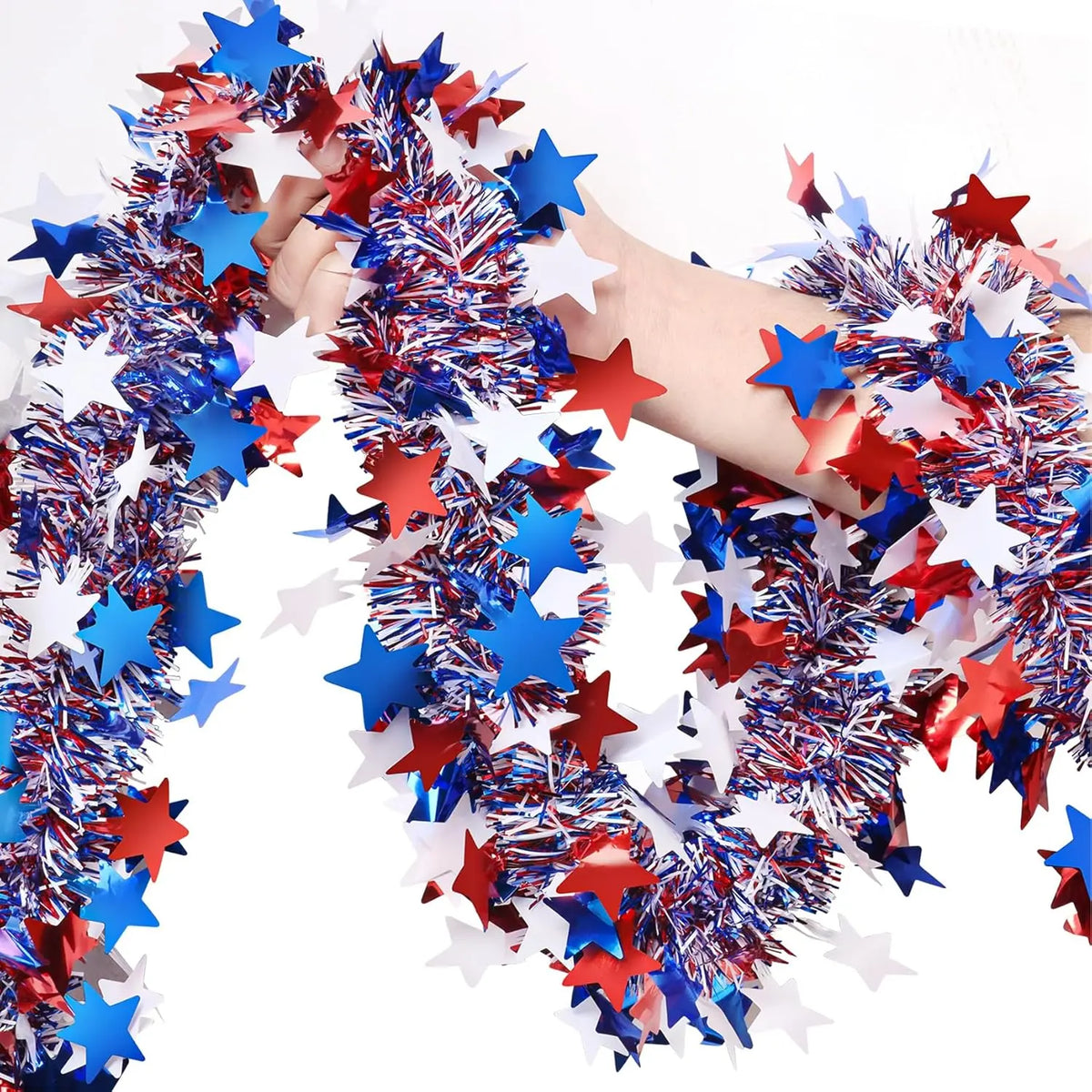 6.5Ft/200cm 4th of July Red White Blue Star Tinsel Garland Memorial Day Patriotic Decoration Independence Day Metallic Decor