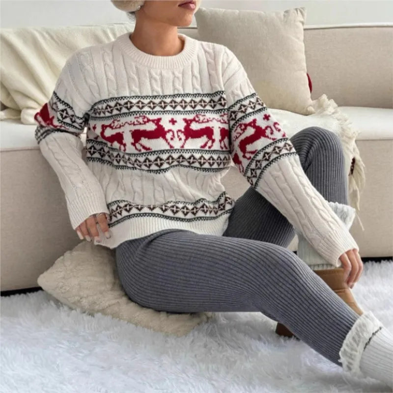 Women Fashion Christmas Reindeer Cable Knit Sweater Winter O-neck Long Sleeve Retro Pullover Casual Holiday Jumper Top