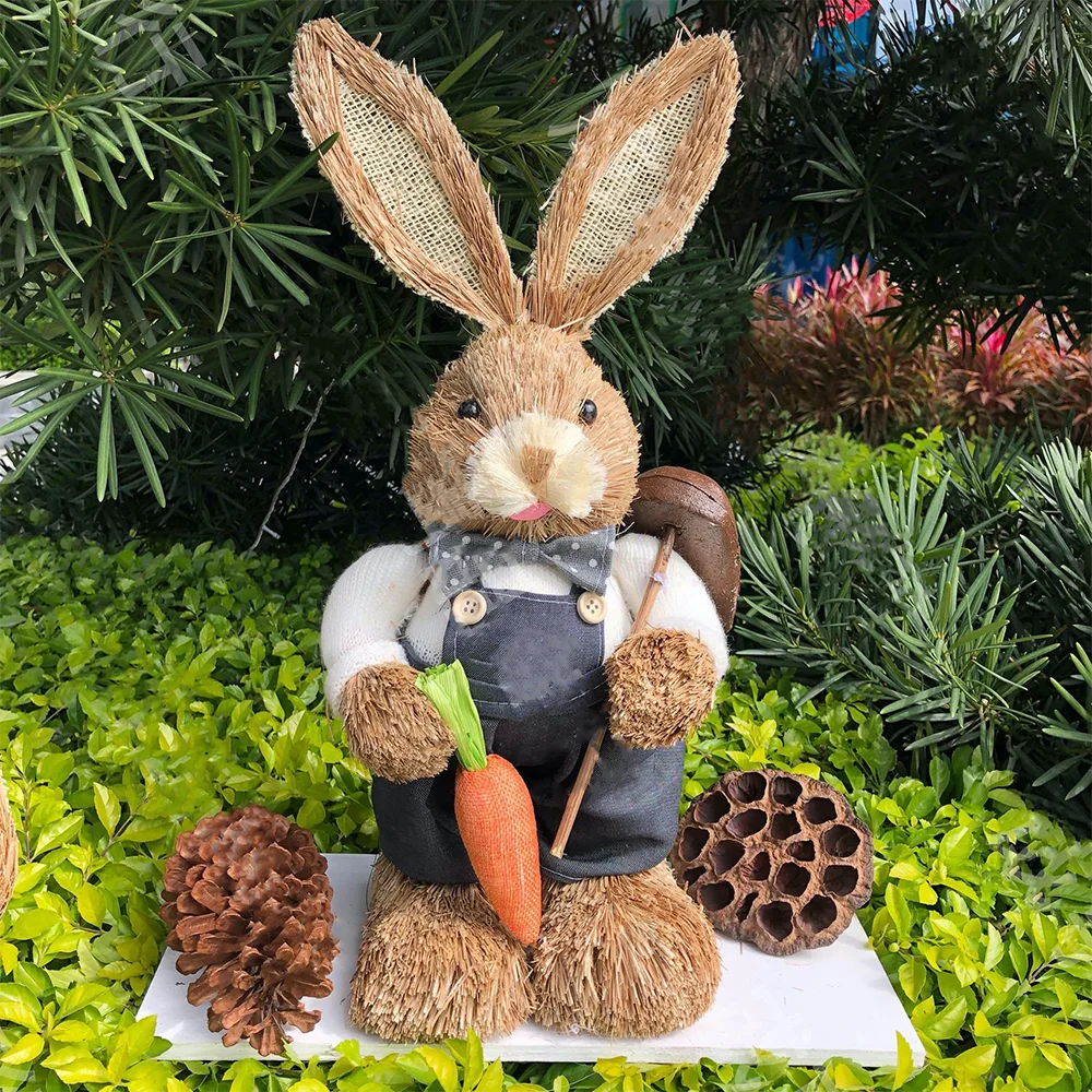 35cm Easter Straw Rabbit Woven Bunny Easter Decoration Sculpture Yard Party Home Easter Ornament Statuette Decoration