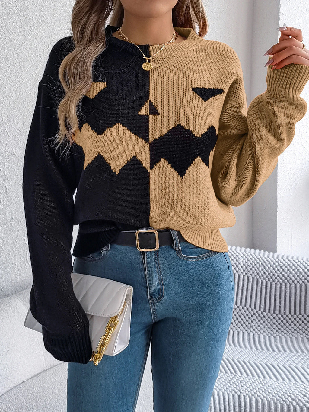 Halloween Women's Contrast Color Pumpkin Pattern Sweaters 2026 Autumn Winter Casual Round Neck Long Sleeve Knitted Pullover