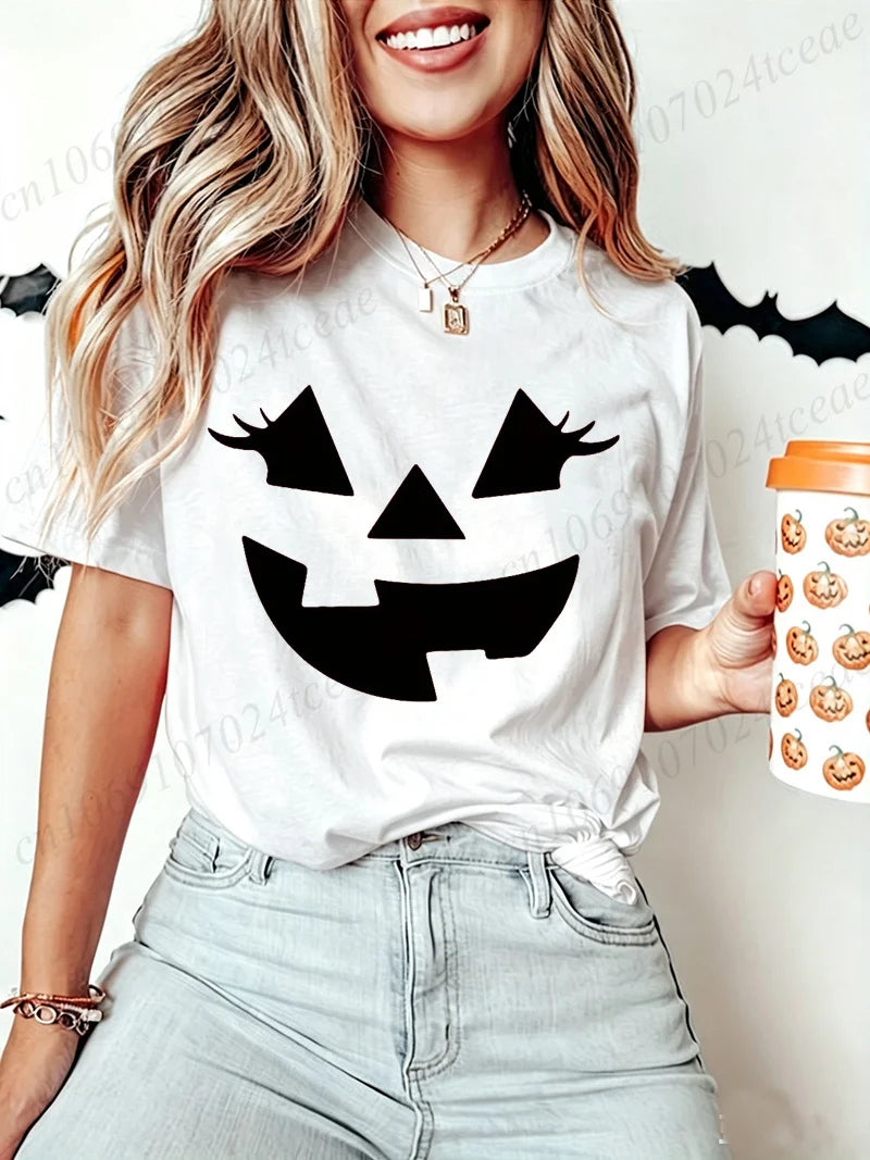 Funny Evil Pumpkin Face Halloween Women Tees Funny Spooky Season Tshirt Female Clothes Short Sleeve Tops Fashion Graphic Shirt