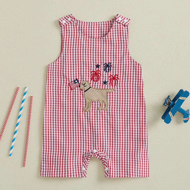 Citgeett Summer Independence Day Infant Boys 4th of July Jumpsuit Sleeveless Flag Embroidery Plaid Romper Clothes