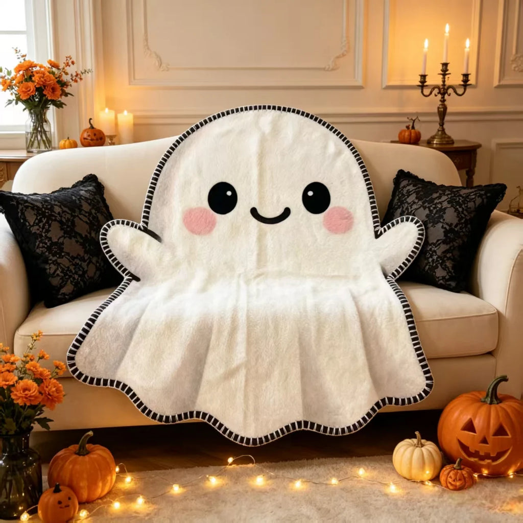 Halloween Flannel Blanket Cute Ghost Irregular Blanket, Flannel Blanket Pumpkin Bat Web Halloween Blanket for Home Decora Gift