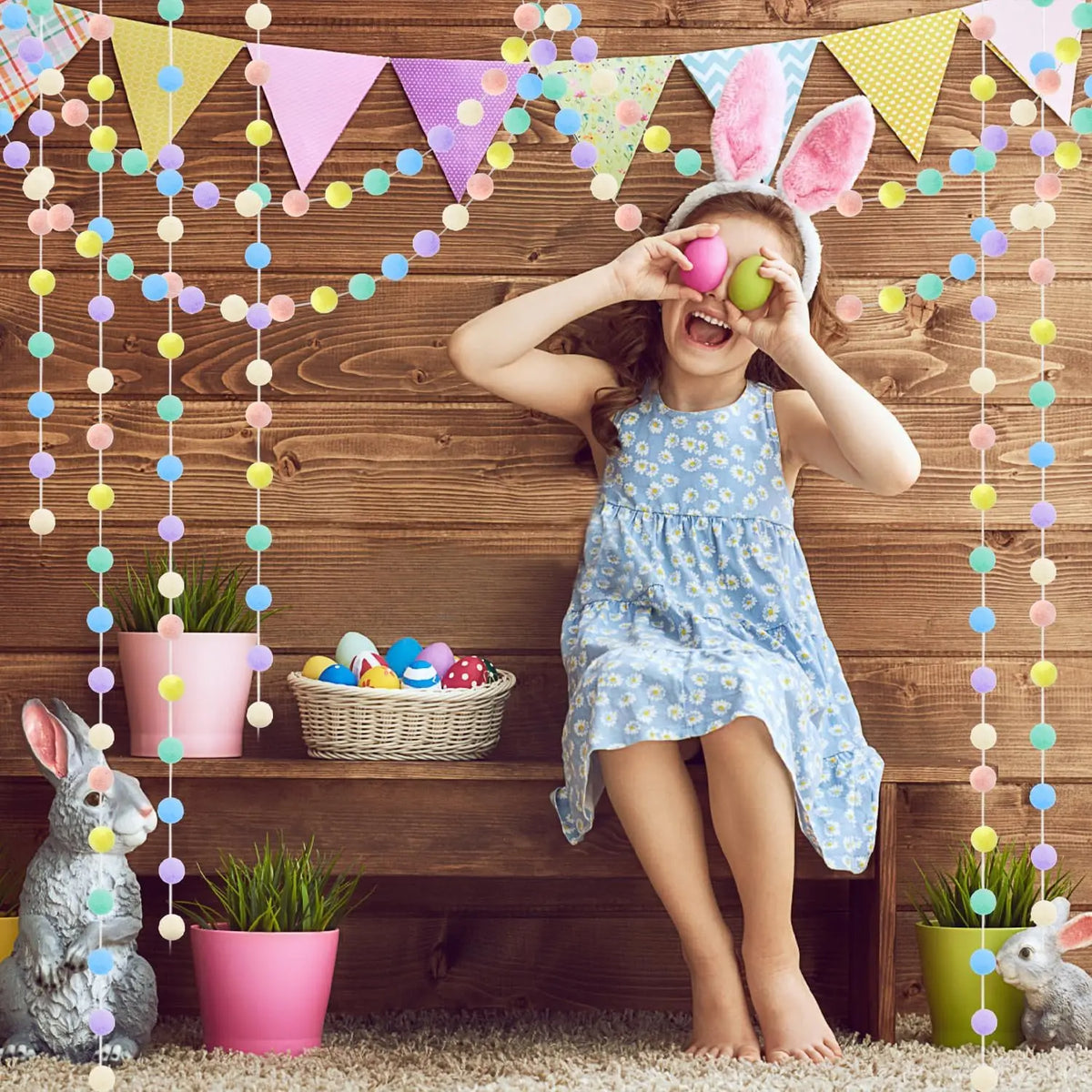 Pastel Pom Garland Hanging Easter Decorations Cute Rainbow Colorful Felt Ball Garland Baby Shower Birthday Party Supplies Favors