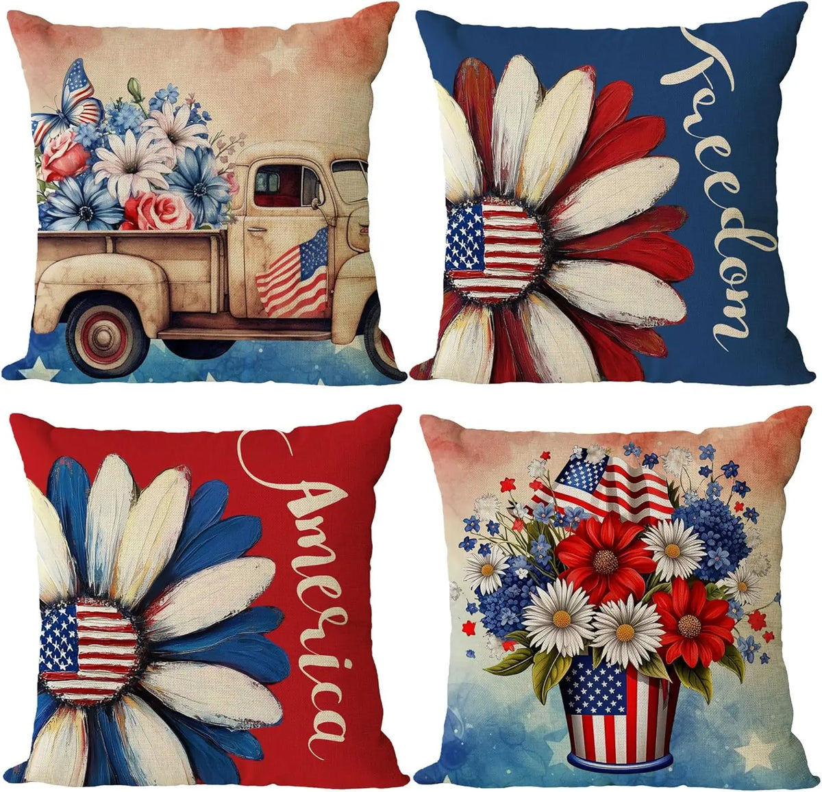 4th of July Pillow Covers 18x18 Set of 4 God Bless America Stars Flower Independence Day Decor Memorial Day Throw Cushion Case