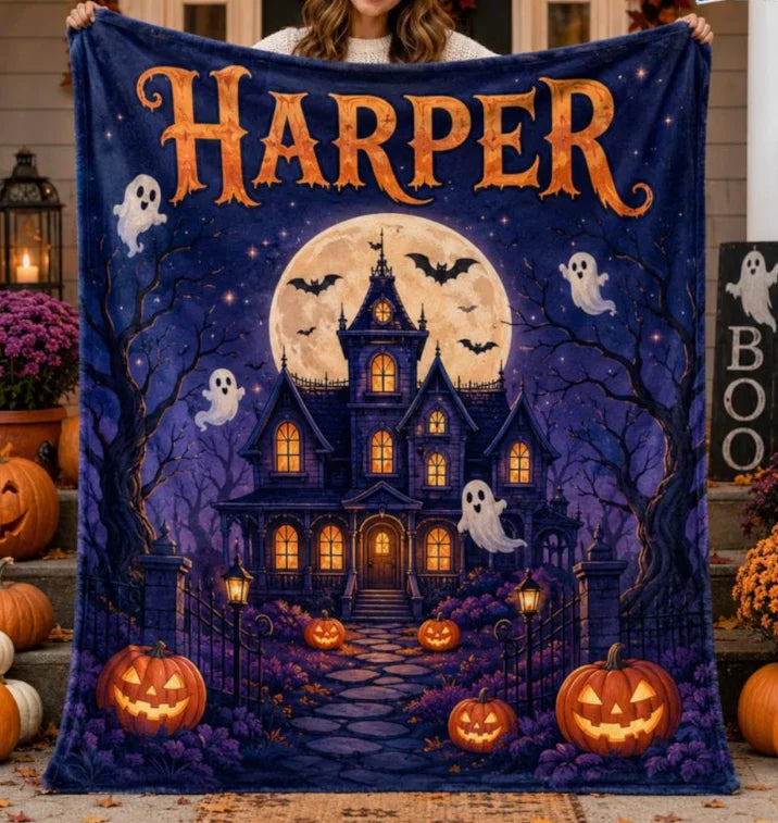 Halloween Quilt Blanket, Black Cat Ghost Pumpkin Throw, Spooky Bedding Decor Patchwork Blanket, Cozy Fall Halloween Home Decor