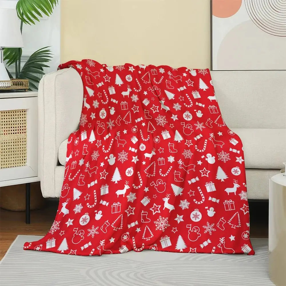 Christmas Red Striped Velvet Blanket with Reindeer Pattern, Festive Decoration, Soft and Lightweight, Suitable for Holiday Use