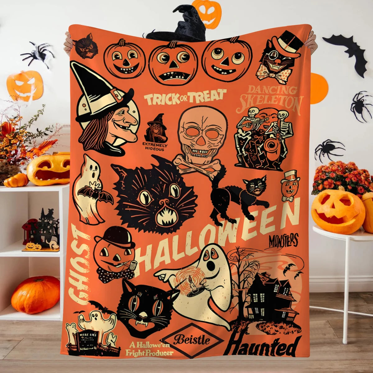 1pc retro style Halloween blanket, suitable for sofas, beds, cars, rooms, offices, camping, exquisite gift blankets