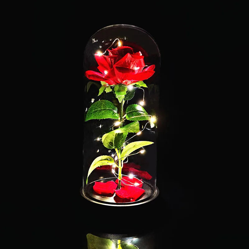 1pc LED Rose in Dome Decorative Lamp Valentine's Day Gifts for Her, Room Decor Artificial Flower with Warm Glow, Red Rose & Gree