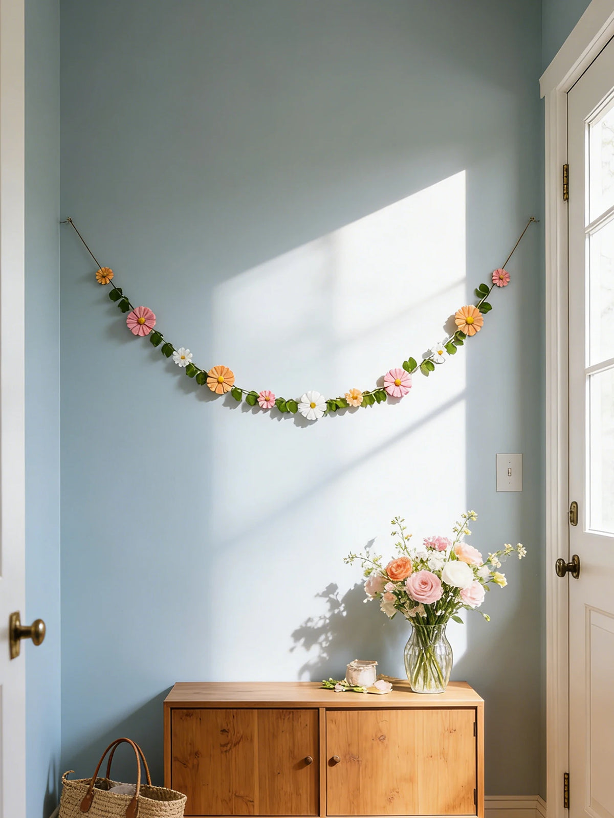 Spring Felt Daisy Flower Garland, Boho Floral Table Decor, Colorful Mantel Swag Ornament for Easter, Wedding & Home Party Decor