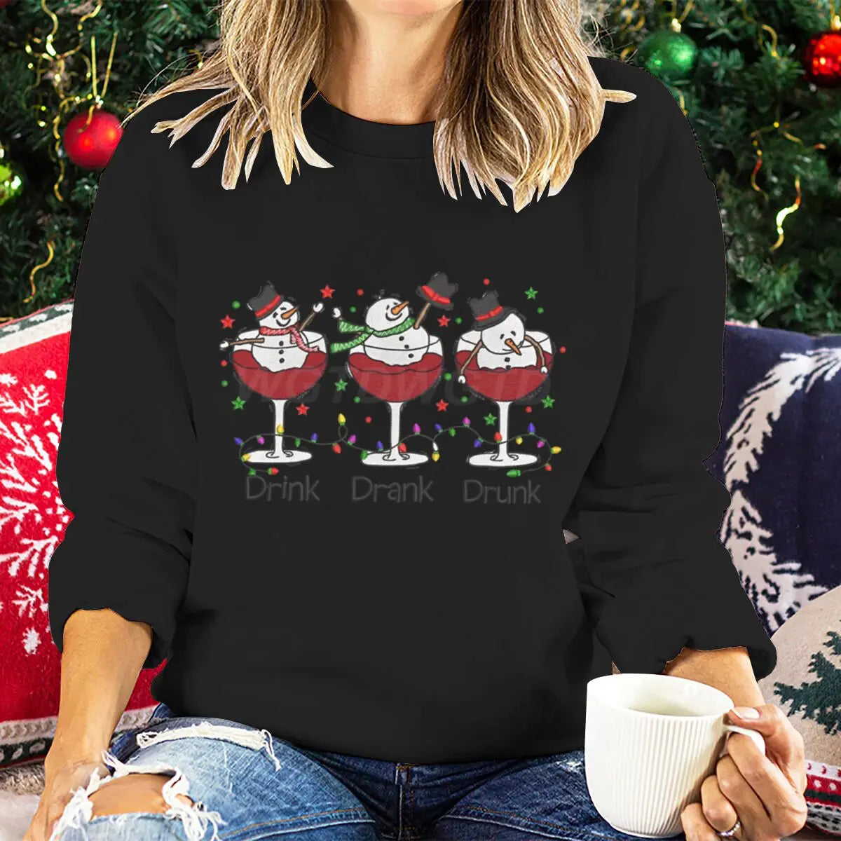 Women Wine Glass Christmas Sweatshirt Jumper Xmas Gifts Cartoon Top Long Sleeves Funny Cute Snowman Harajuku Fashion Sweater