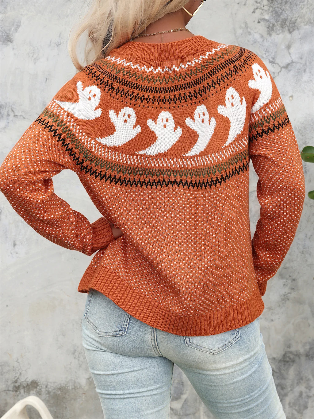 Halloween Ghost Pattern Vintage Crew Neck Button Front Long Sleeve Cardigan Retro Fashion Staple Women Sweater