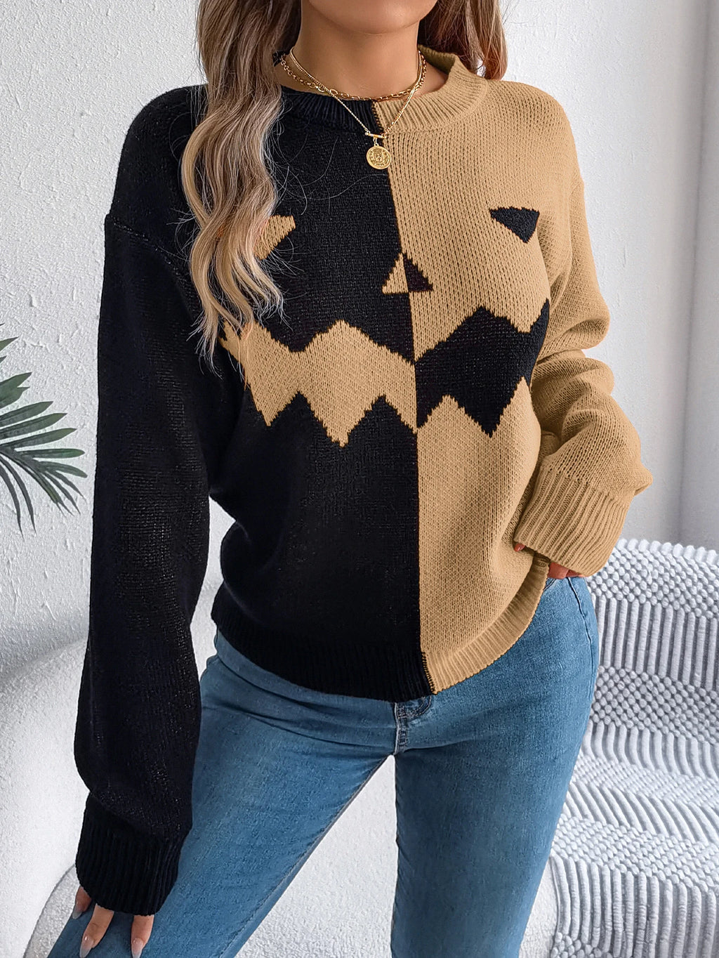 Halloween Women's Contrast Color Pumpkin Pattern Sweaters 2026 Autumn Winter Casual Round Neck Long Sleeve Knitted Pullover
