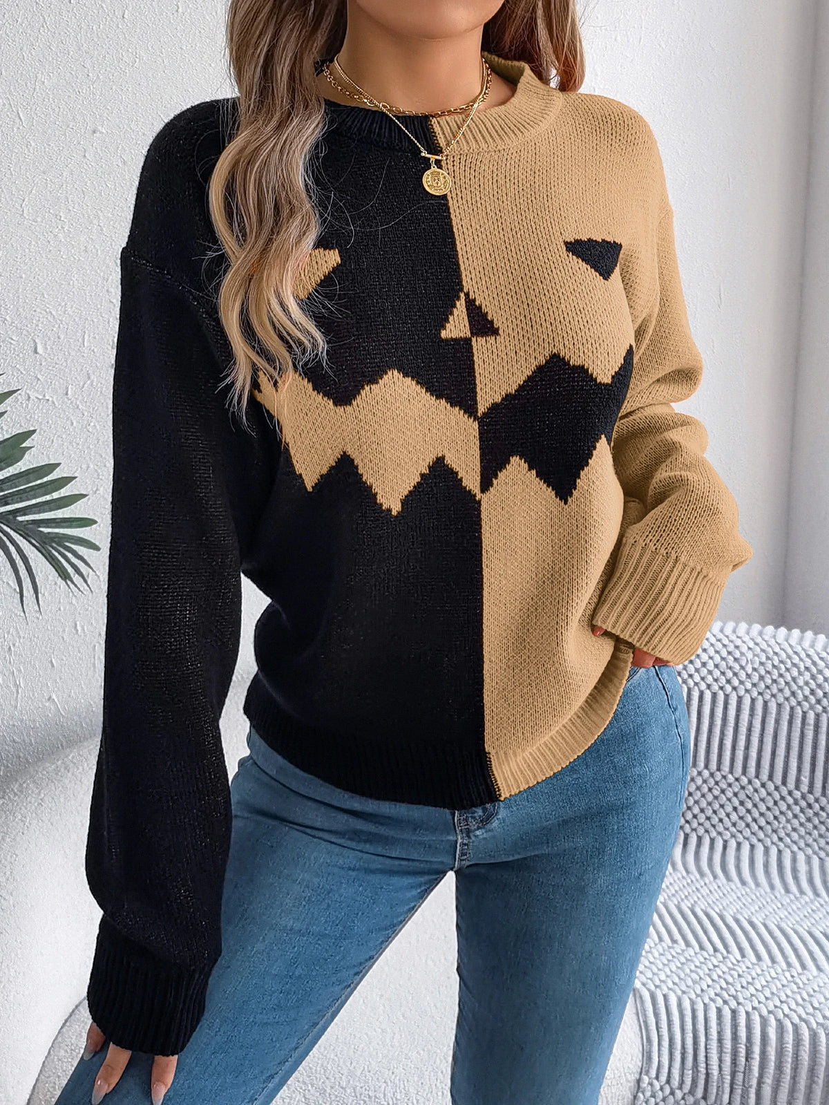 Halloween Women's Contrast Color Pumpkin Pattern Sweaters 2026 Autumn Winter Casual Round Neck Long Sleeve Knitted Pullover