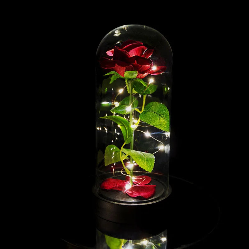 1pc LED Rose in Dome Decorative Lamp Valentine's Day Gifts for Her, Room Decor Artificial Flower with Warm Glow, Red Rose & Gree