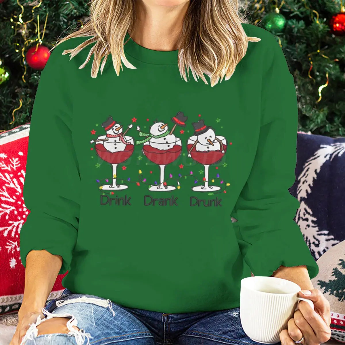 Women Wine Glass Christmas Sweatshirt Jumper Xmas Gifts Cartoon Top Long Sleeves Funny Cute Snowman Harajuku Fashion Sweater