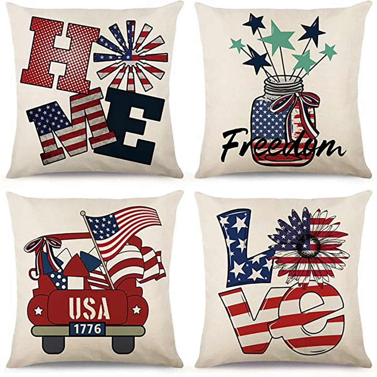 4th of July Pillow Covers 18x18 Set of 4 God Bless America Stars Flower Independence Day Decor Memorial Day Throw Cushion Case