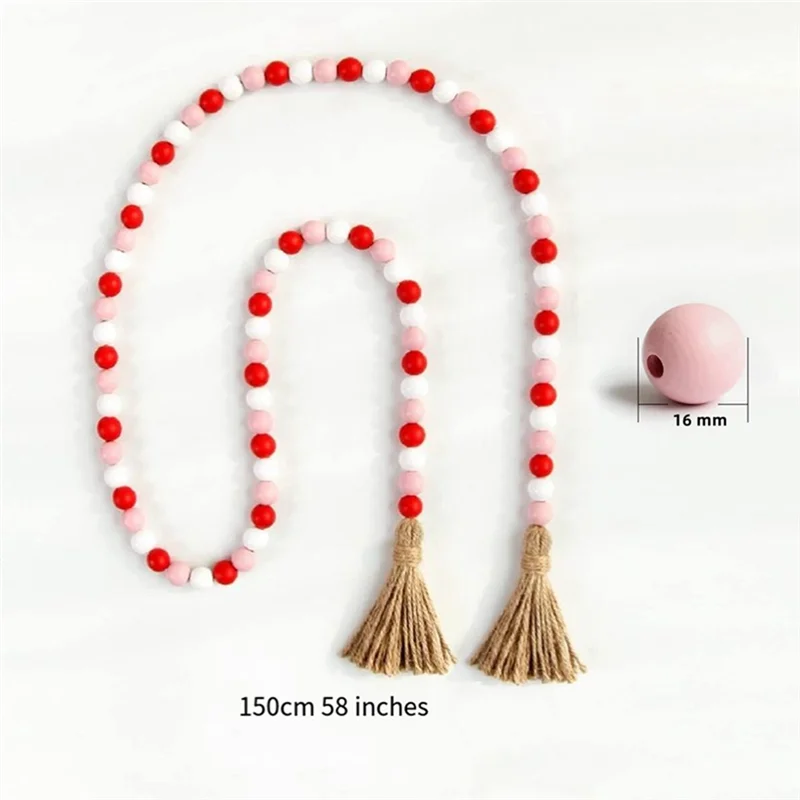 Valentine's Day Wood Bead Garland Farmhouse Beads With Tassel, Big Wall Hanging Decor-AT64