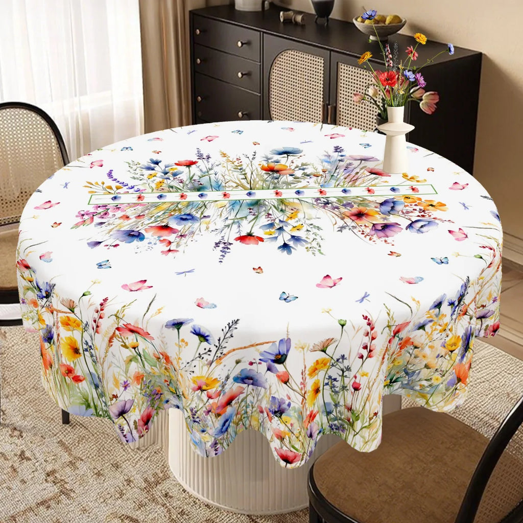 Spring Wildflower Tablecloth Floral Round Table Cover Polyester Table Decor for Easter Birthday Wedding Party Supplies