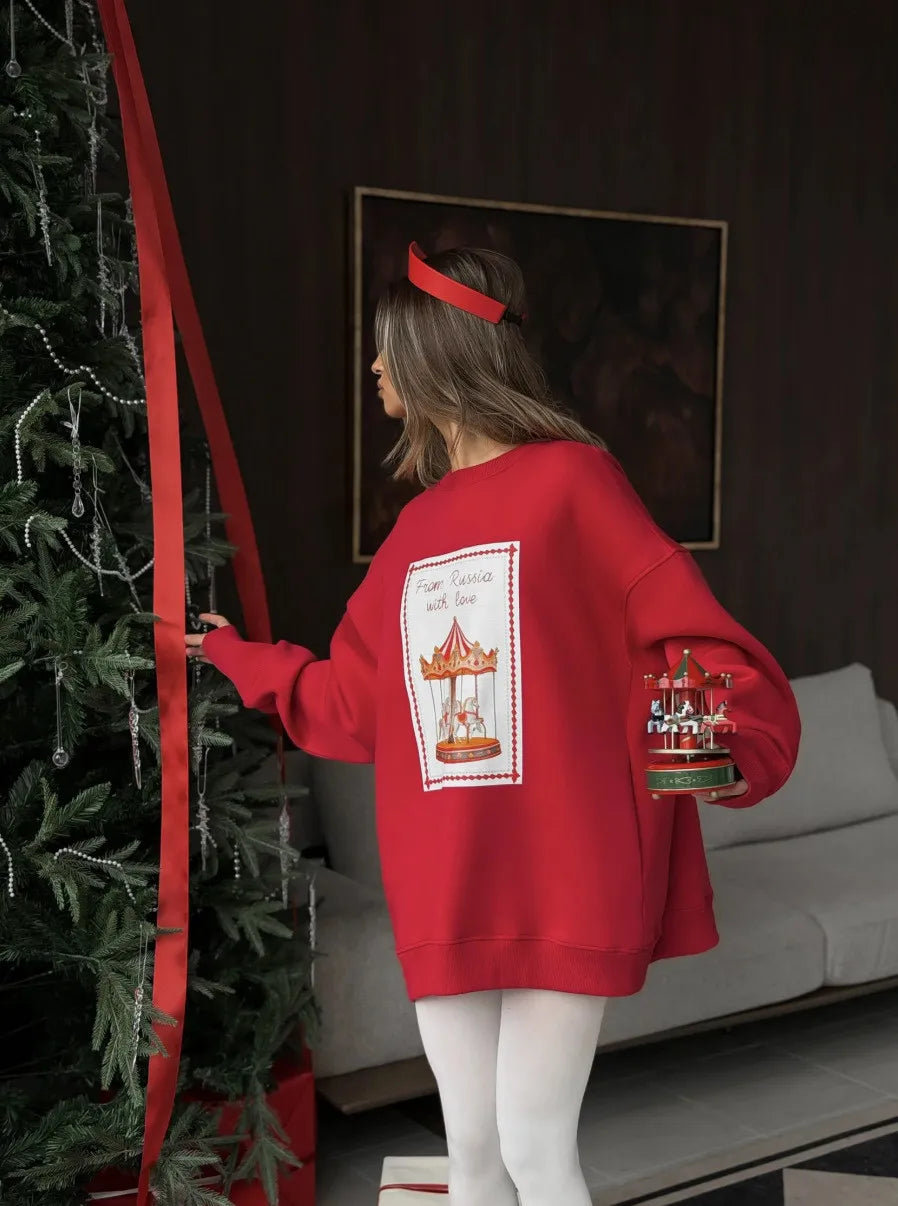 Christmas Sweet Women Oversized Red Crewneck Sweatshirt "From Russia with Love" Carousel Print Retro Festive Holiday Pullover