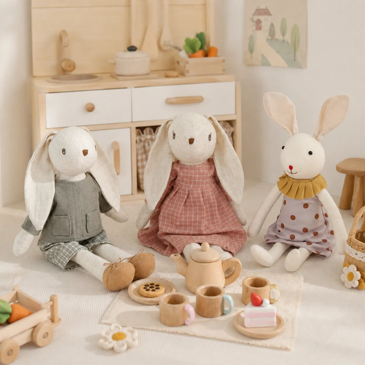 Handmade Linen Bunny Doll Montessori Role-Playing Fabric Animal Doll Nursery Decoration Children's Birthday Gift