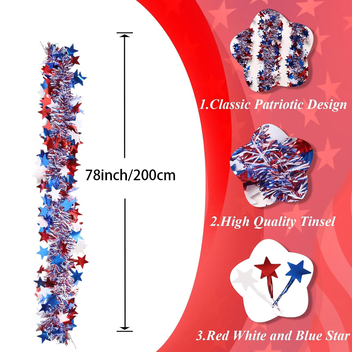 6.5Ft/200cm 4th of July Red White Blue Star Tinsel Garland Memorial Day Patriotic Decoration Independence Day Metallic Decor