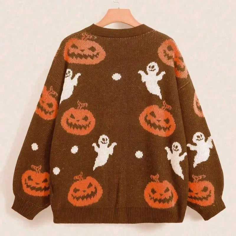 V Neck Cardigan Sweater Length Pumpkin Print Chunky Striped Loose Coat For Women Halloween Casual Autumn Outerwear