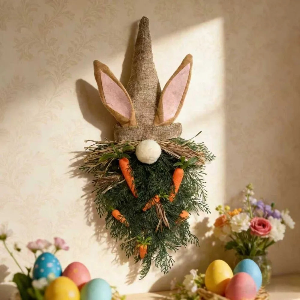 Rustic Style Easter Gnome Pendant Plastic Handmade Easter Bunny Wreath With Carrot Rabbit Ears Door Hanger Garden Decor