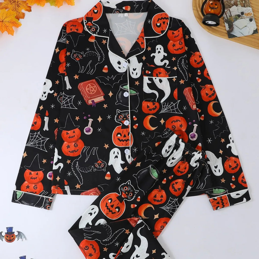 Halloween Women 2Pcs Pajama Set V Collar Long Sleeve Shirt Long Trousers Ghost Skull Moon Print Casual Home Sleepwear