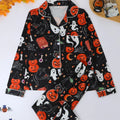 Halloween Women 2Pcs Pajama Set V Collar Long Sleeve Shirt Long Trousers Ghost Skull Moon Print Casual Home Sleepwear