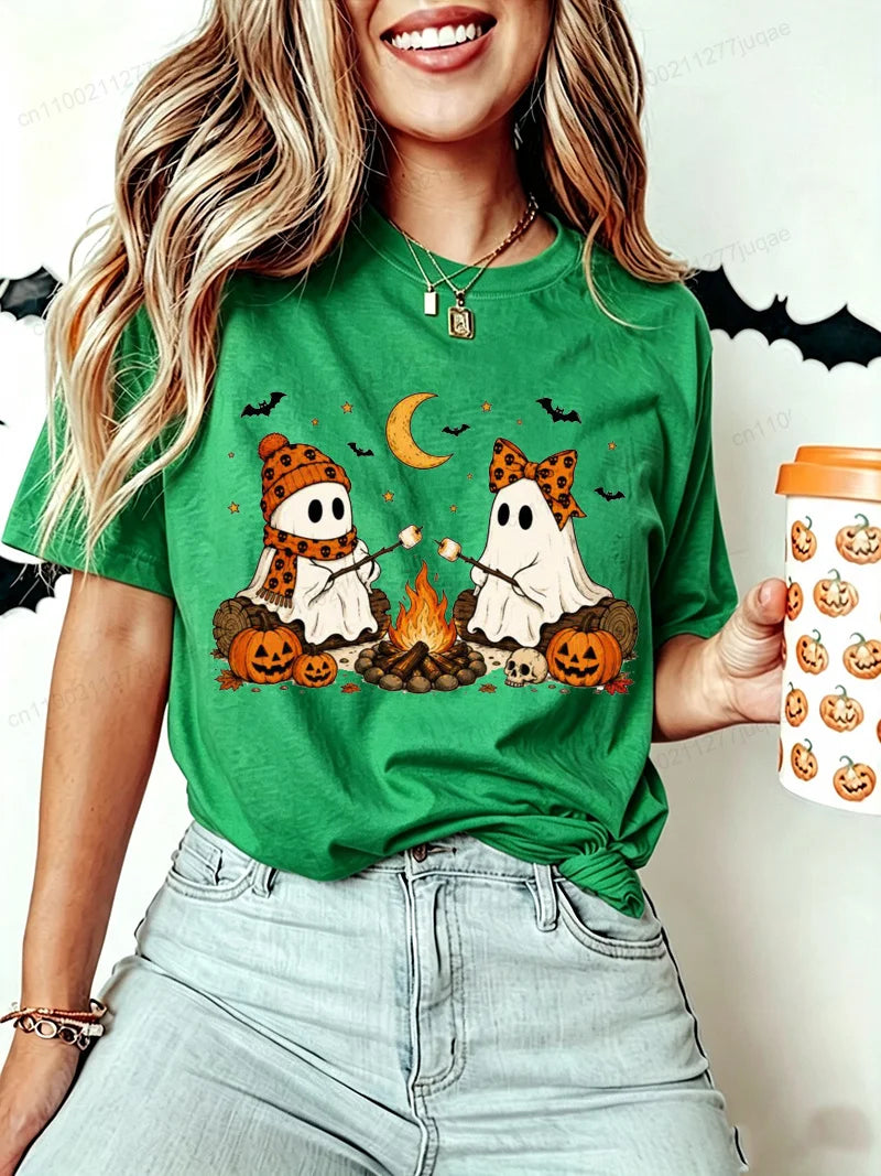 Women Halloween-Cute-Ghost-Camping-Fall Graphic T Shirt Casual Short Sleeve Tee Top Holiday T-shirt Women Fashion Daily Outfits