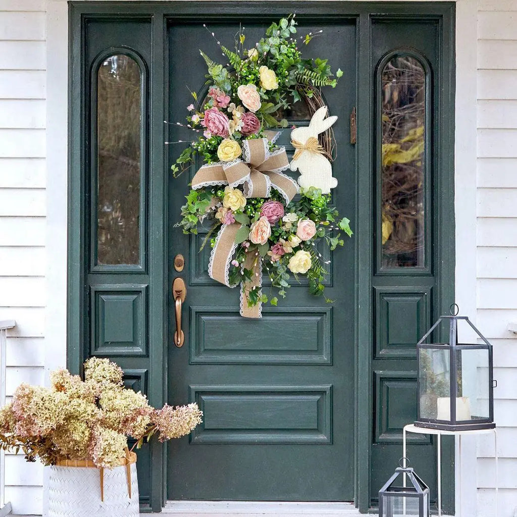 Easter Rabbit Front Door Wreath for Front Door,Easter Bunny Butt Shape Garland Wall Decor Spring Wreath Decoration